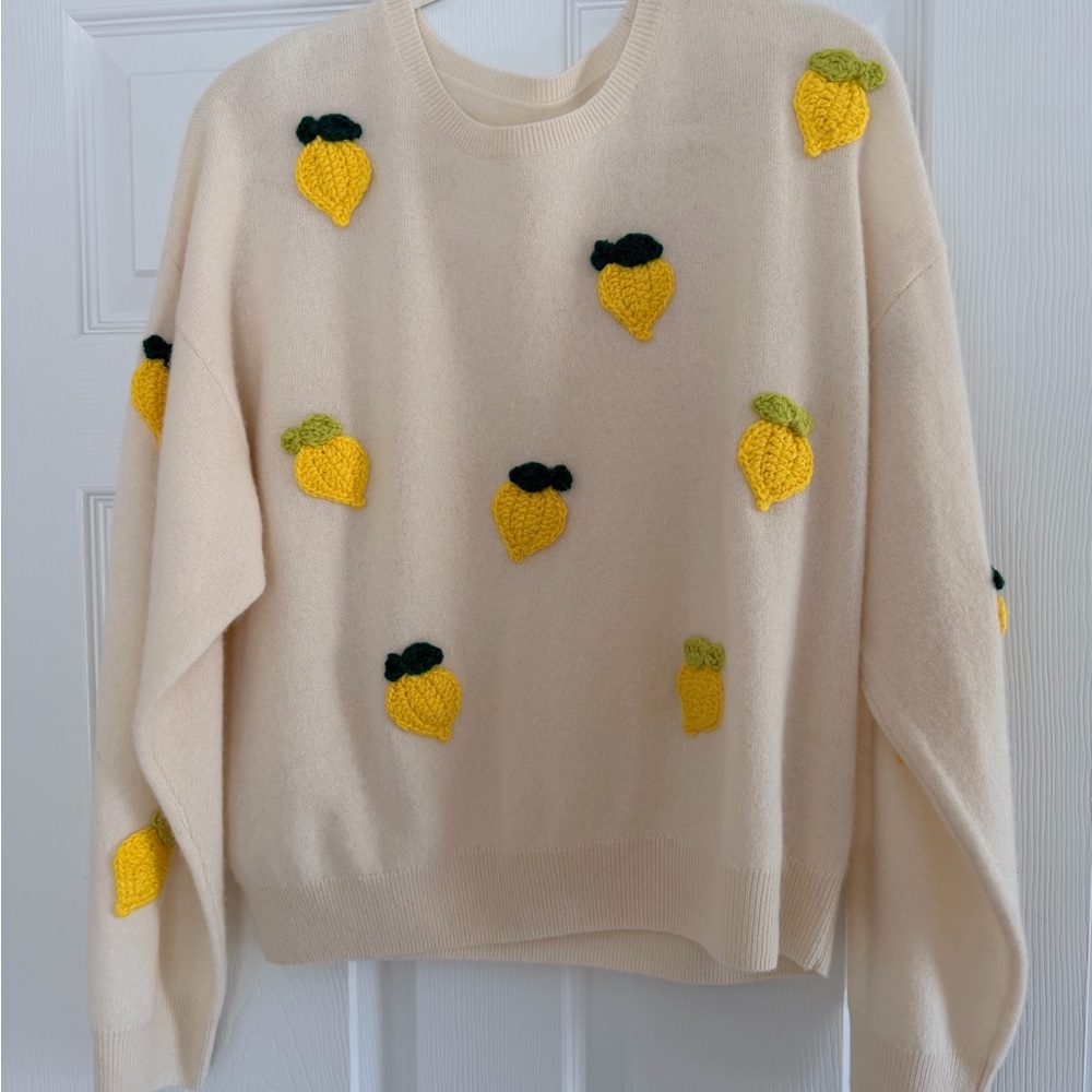 100% Cashmere Joie Sweater with Crochet Lemons